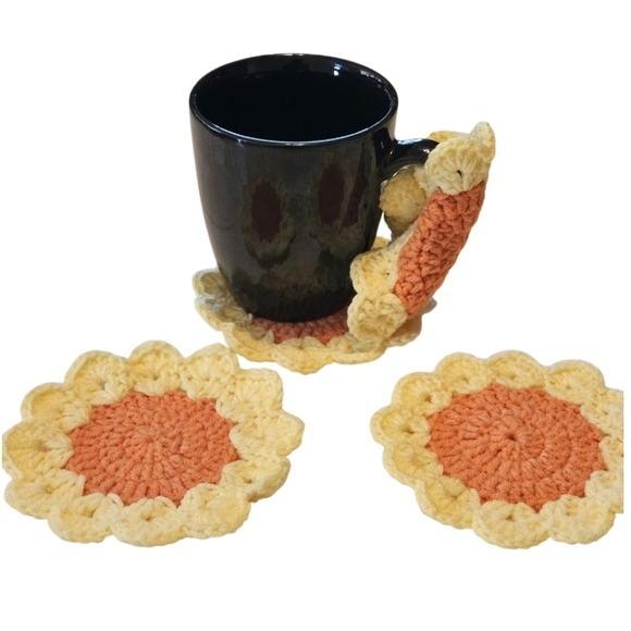 Hand Crafted Crochet Coasters Set of 4pcs Orange yellow flower handmade cup mats - Picture 12 of 17